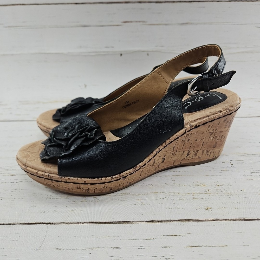 BOC Born Womens‎ 7 Black Leather Blossom Flower Cork Wedge Slingback Sandal Shoe